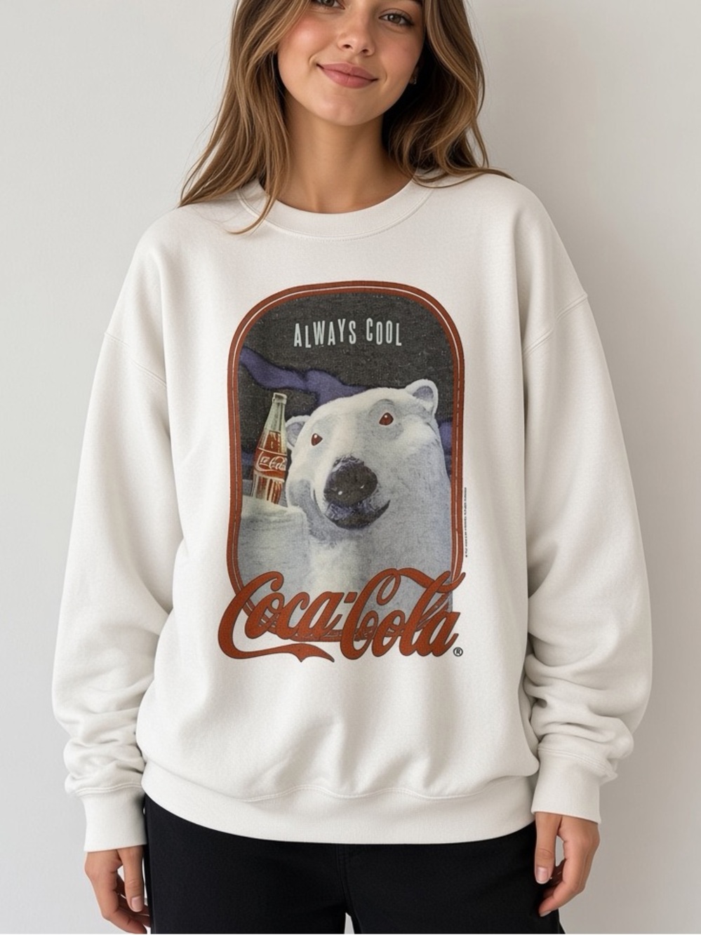 Vintage Coca Cola White Crewneck Sweatshirt with Polar Bear Graphic